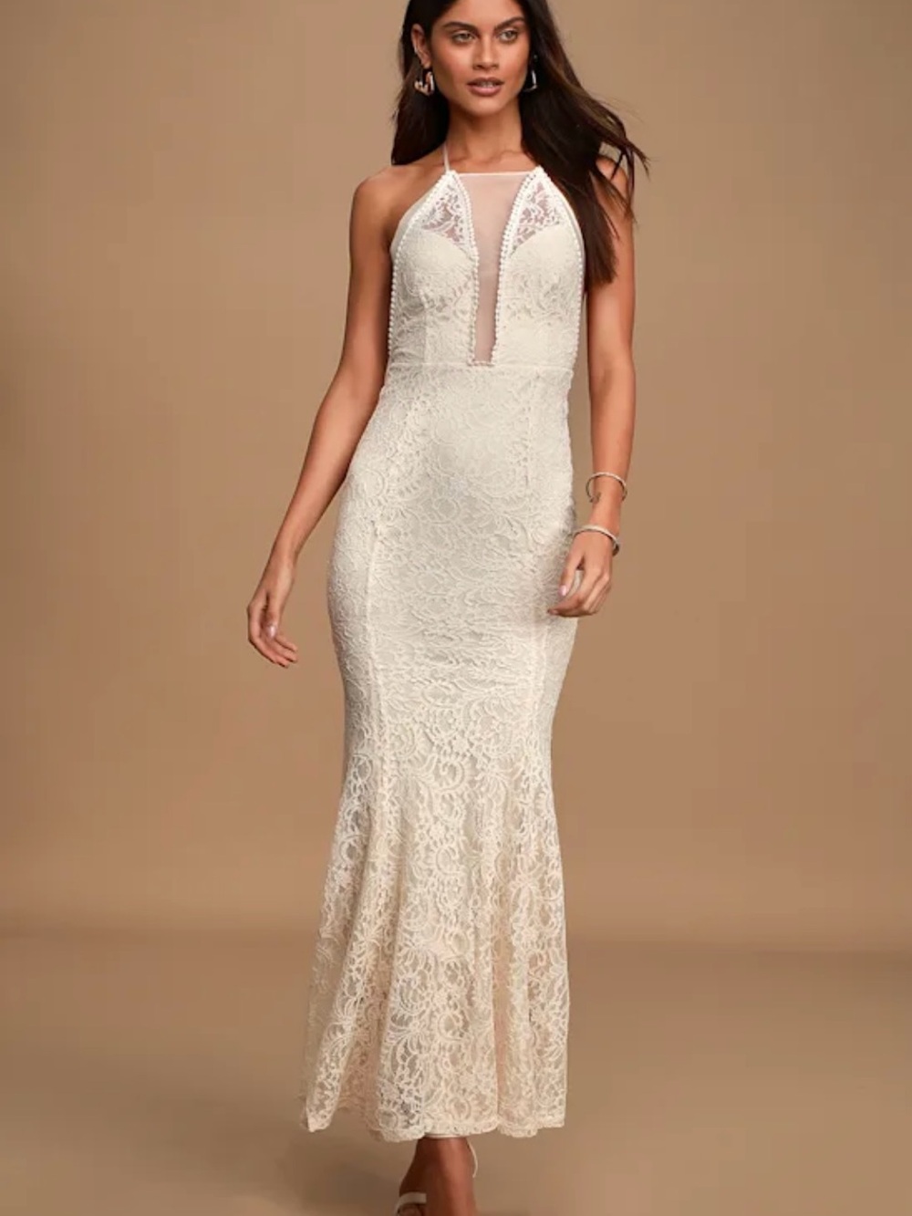 Lulu's Cream Lace Halter Maxi Dress